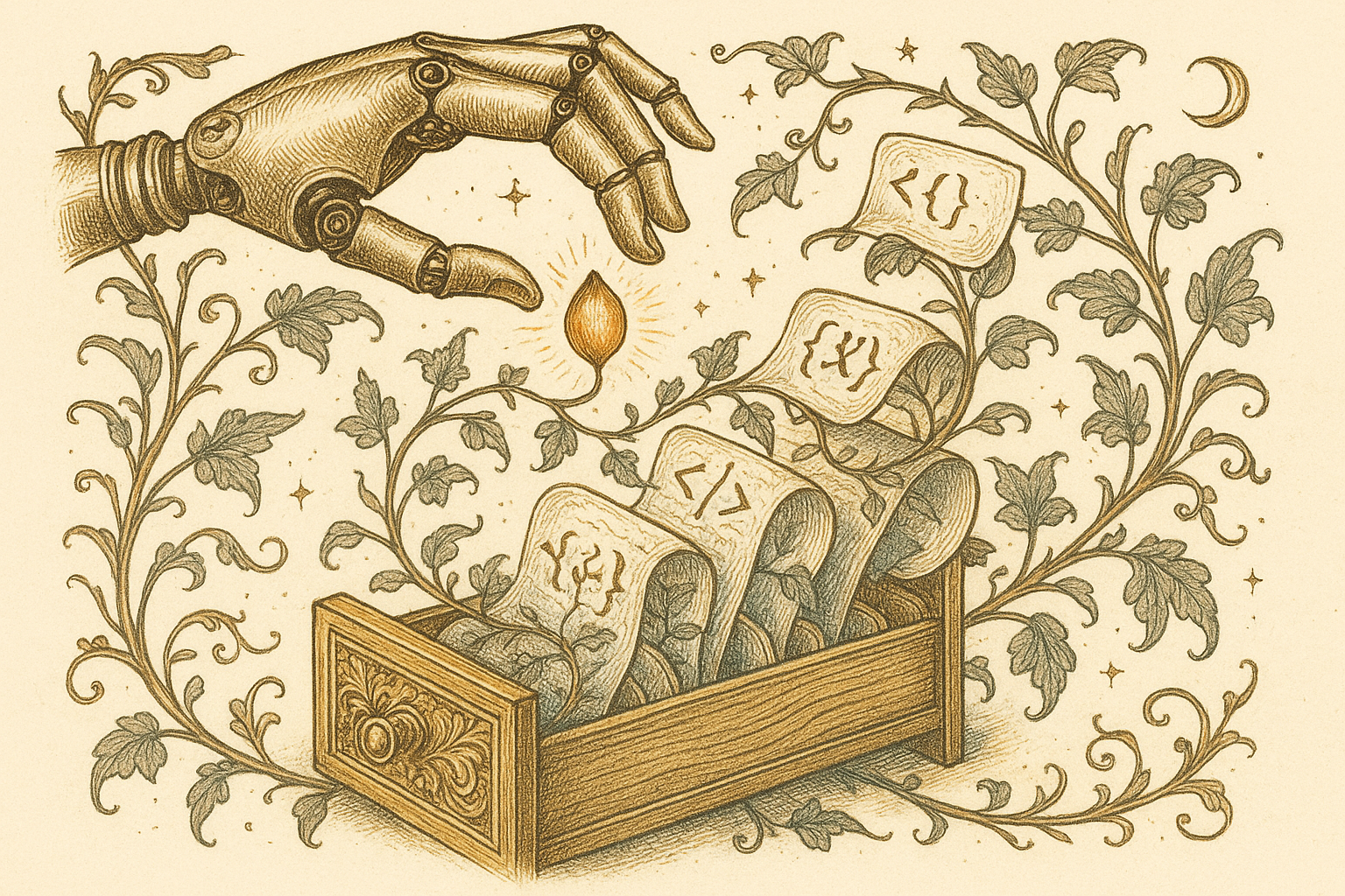 A brass hand preserves a glowing seed of insight in an ivy-entwined archive of trait cards.