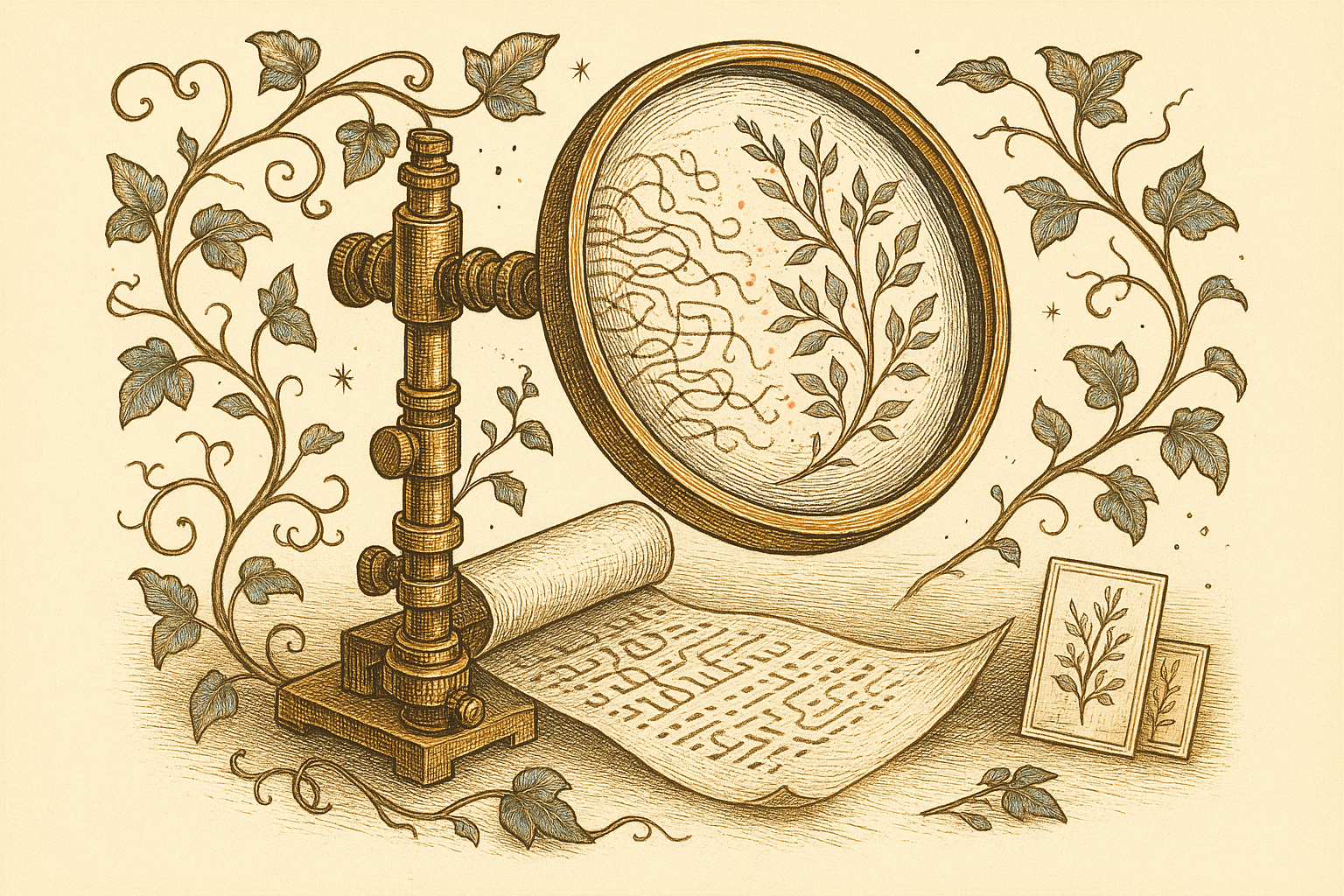 An ornate brass lens examines a manuscript, revealing orderly botanical patterns among tangled threads.